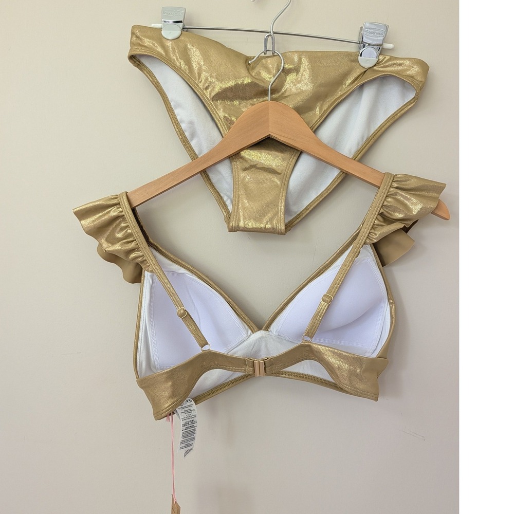 Boden Palermo Ruffle V Bikini Set Gold Metallic‎ Lame Two Piece Swimsuit 8/10 - Picture 6 of 14